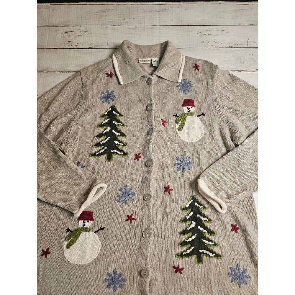 Cherokee Woman Vintage Snowman Christmas Tree Cardigan Sweater Tan 1X 18W/20W